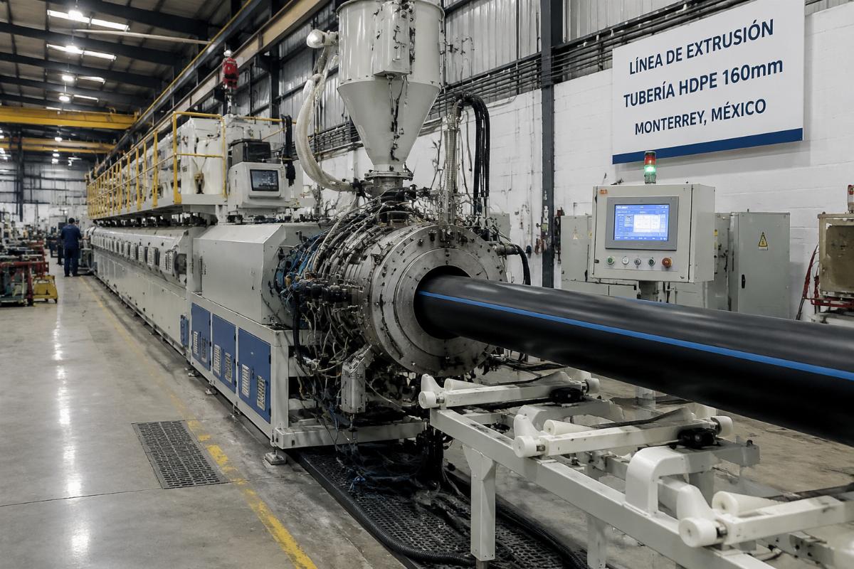 160mm HDPE pipe extrusion line operating in a Monterrey production facility