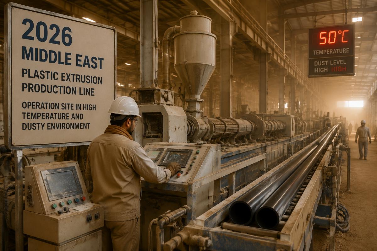 2026 Middle East plastic extrusion production line operation site in high temperature and dusty environment