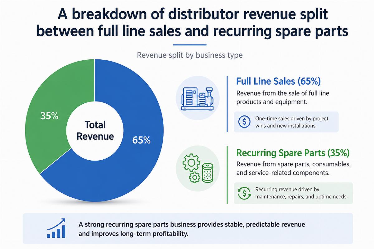 A breakdown of distributor revenue split between full line sales and recurring spare parts