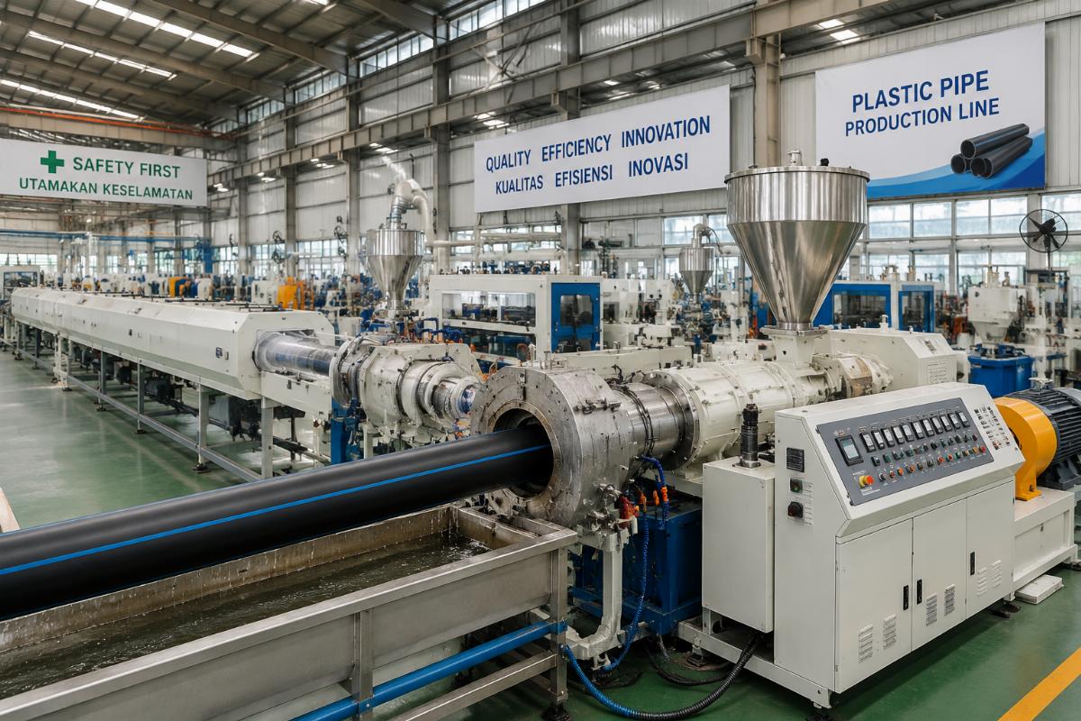 A full plastic pipe extrusion production line running at steady high output in a Southeast Asian factory