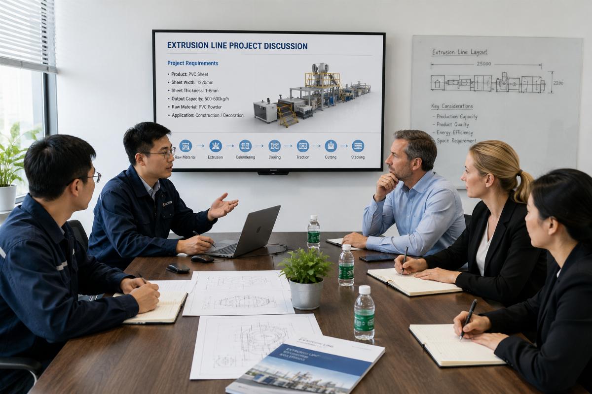 A local team meeting with clients to discuss extrusion line project requirements
