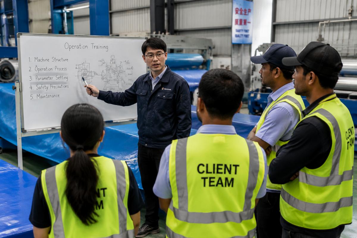 A manufacturer engineer conducting on-site operator training for a client team