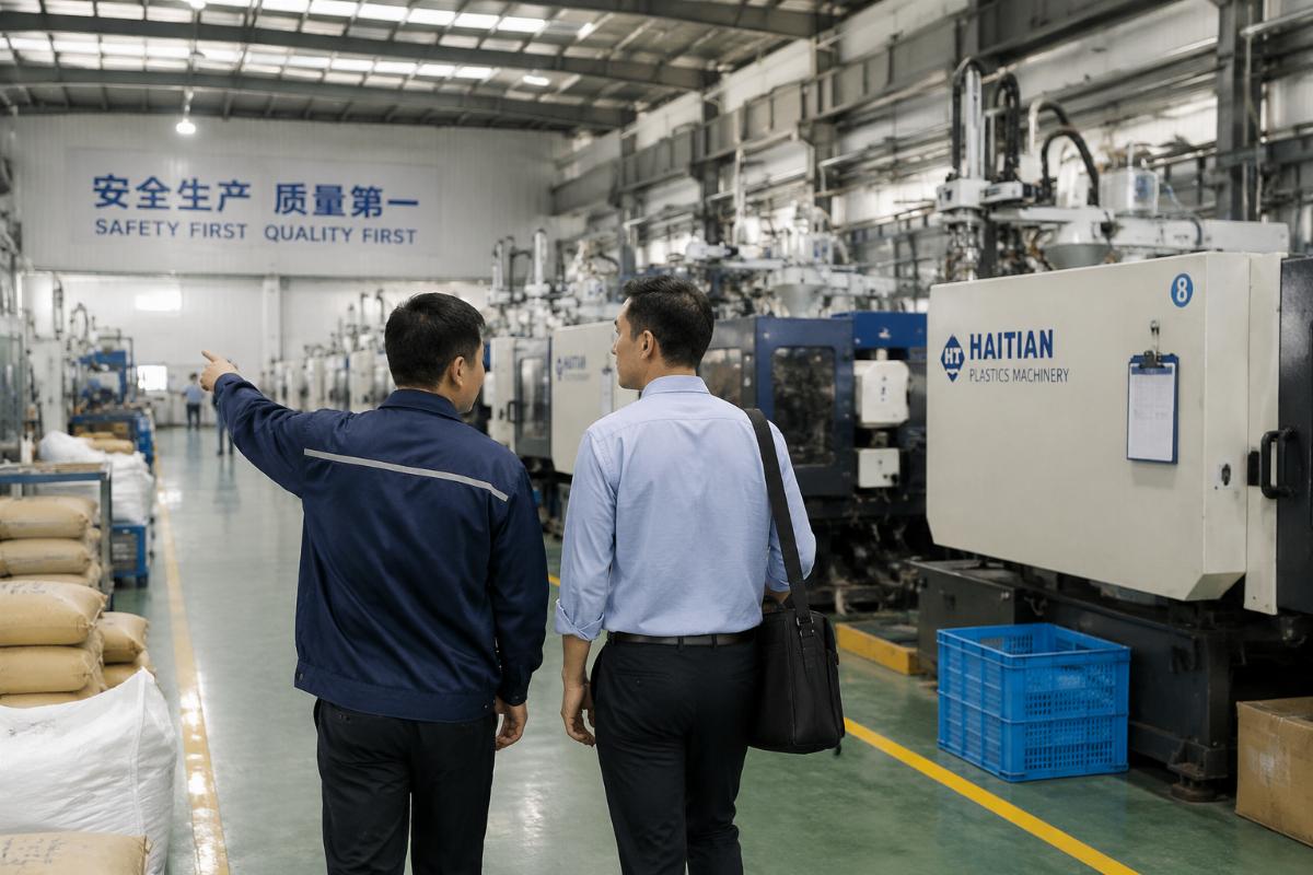 A new distributor walking through a client's plastic factory site for initial assessment