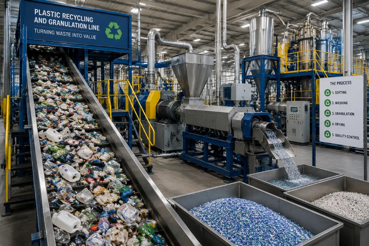 A plastic recycling and granulation line processing mixed post-consumer waste in a facility