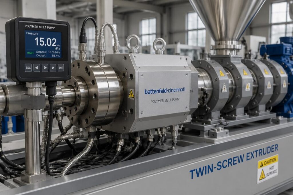 A polymer melt pump installed on a twin-screw extruder with stable pressure reading display