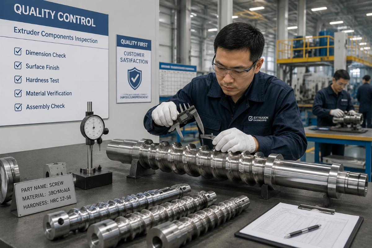 A production facility showing quality control checks on extruder components
