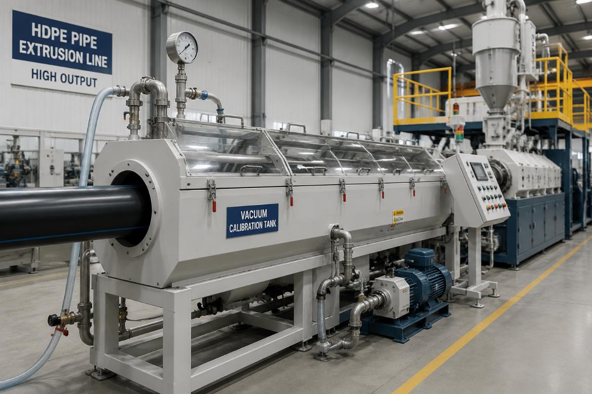 A properly installed vacuum calibration tank connected to a high-output HDPE extrusion line
