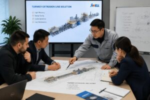 A regional distributor team reviewing a turnkey extrusion line layout with a manufacturer engineer