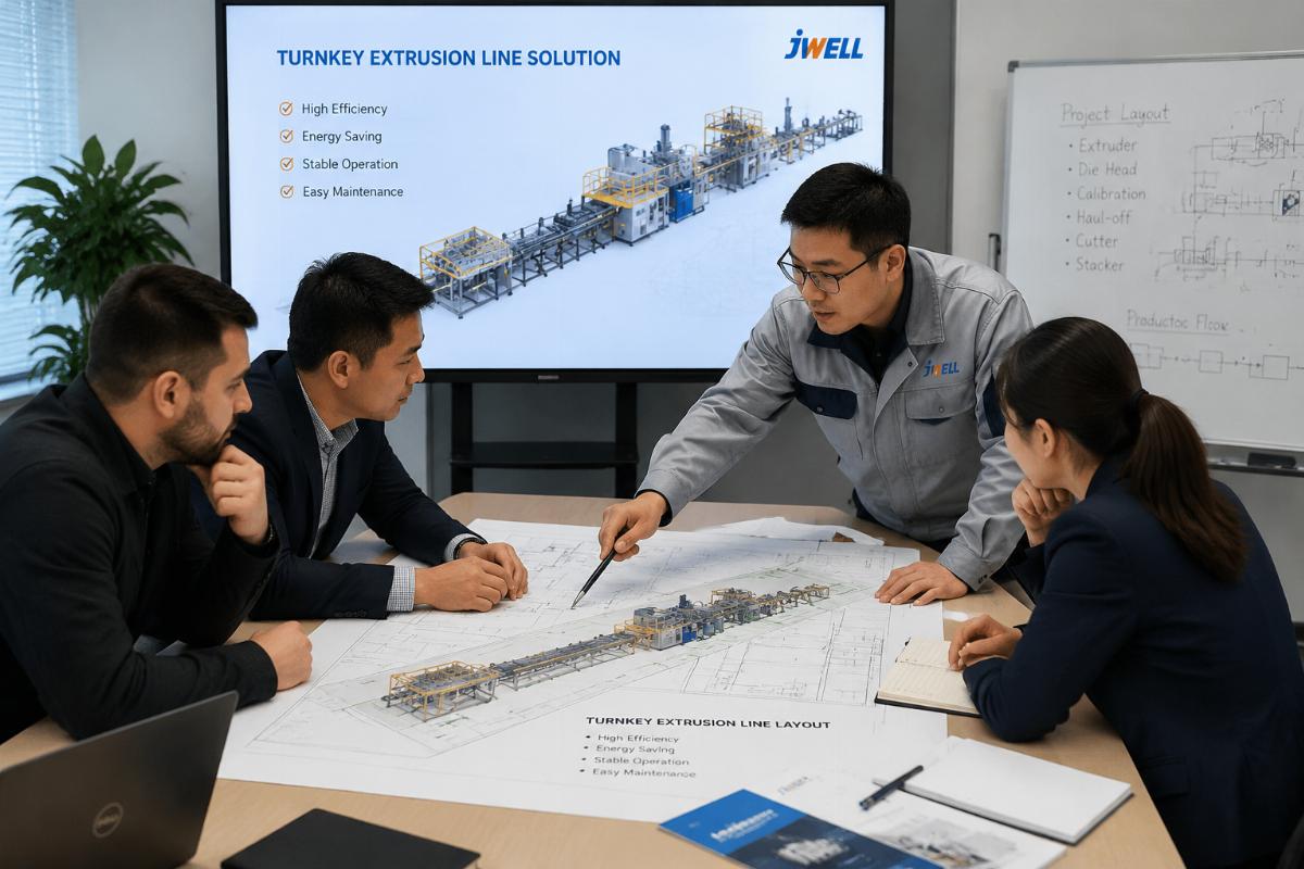 A regional distributor team reviewing a turnkey extrusion line layout with a manufacturer engineer