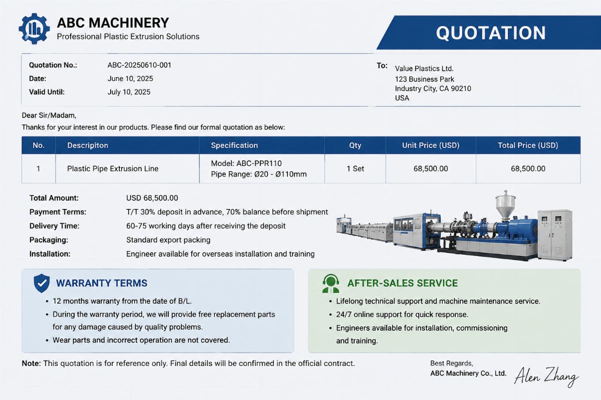 A sample formal quotation document highlighting warranty and after-sales terms for private label extrusion line orders