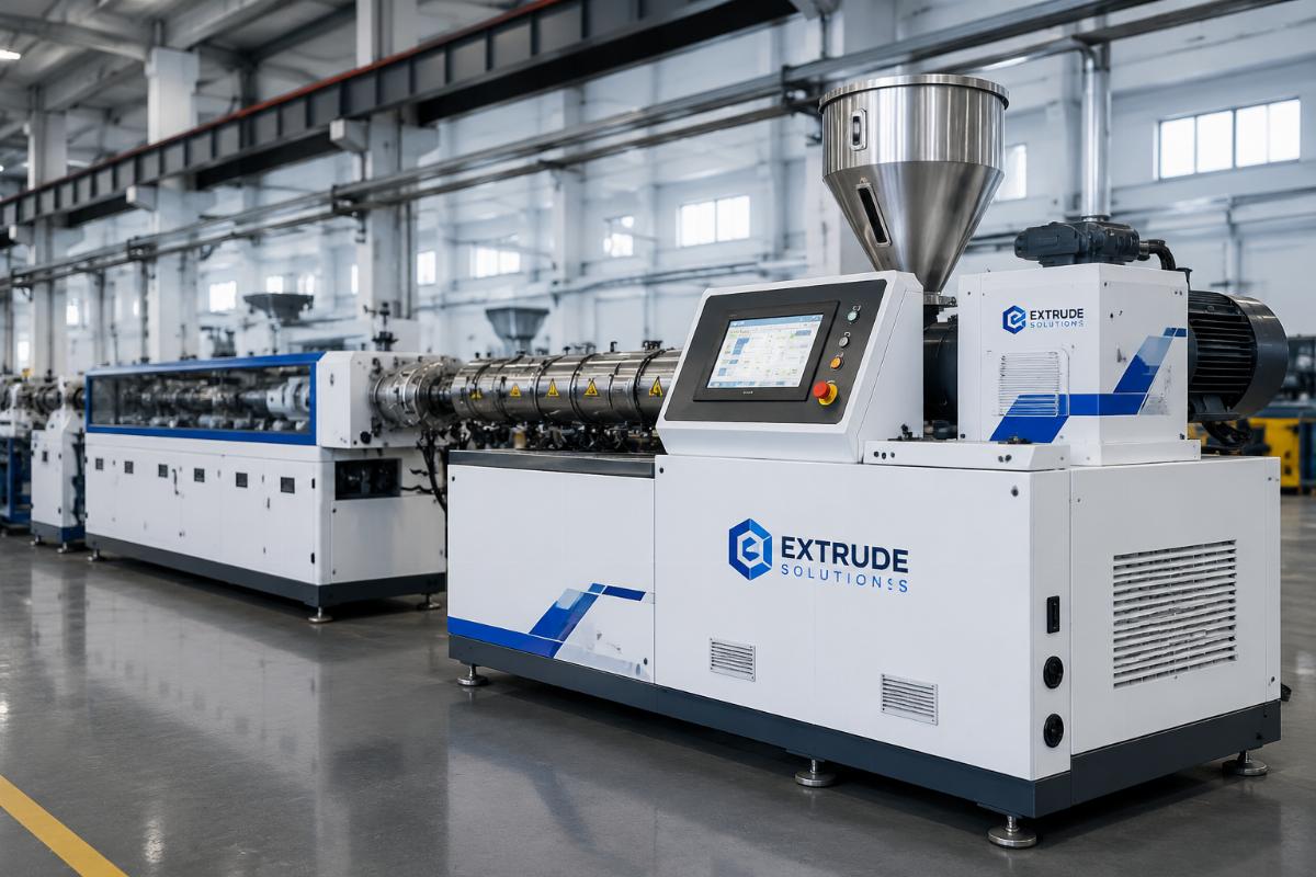 A sample private label extrusion line with custom brand logo on the control panel and outer casing