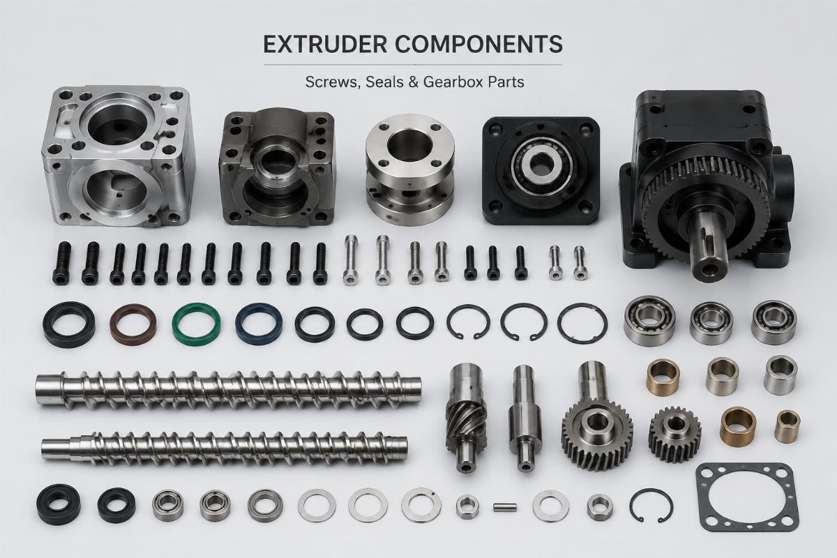 A sorted display of extruder components including screws, seals and gearbox parts