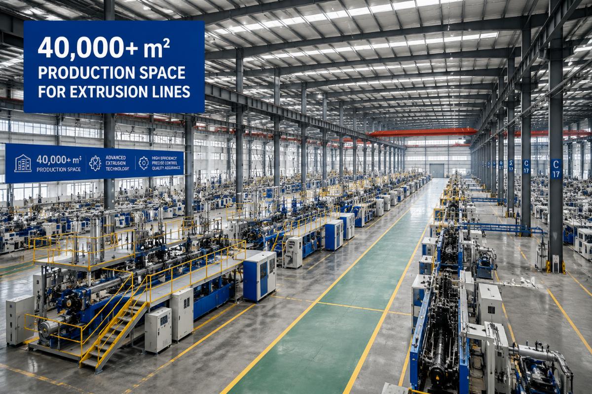 A supplier factory floor showing 40,000+ square meter production space for extrusion lines