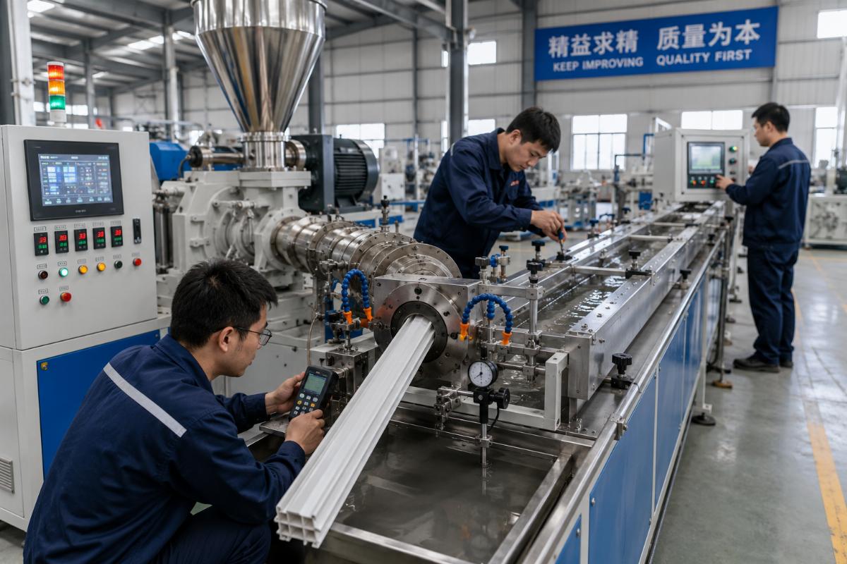 A team of technicians calibrating a plastic profile extrusion line on a factory floor