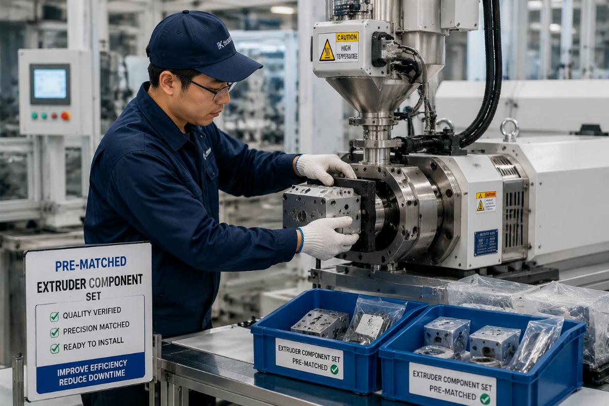 A technician installing a pre-matched extruder component set on a production line