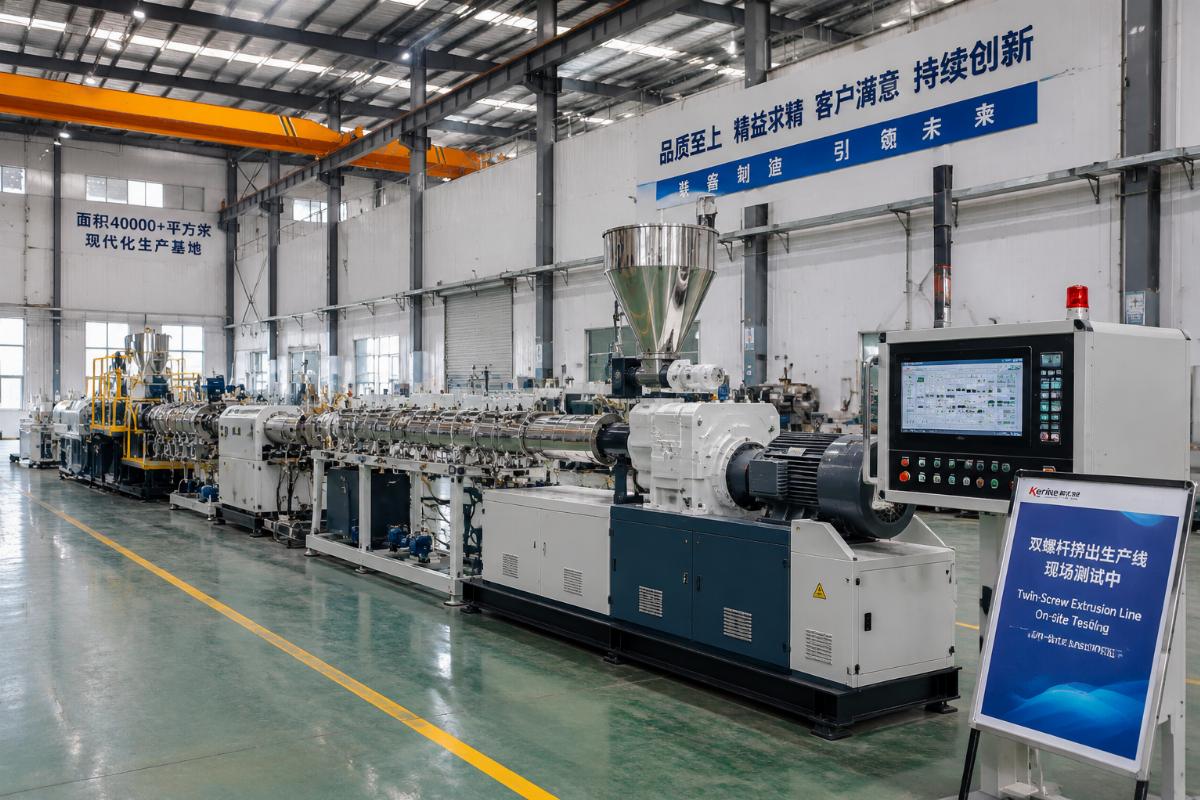 A turnkey private label twin-screw extrusion line being tested in a 40000+ square meter Chinese manufacturing facility