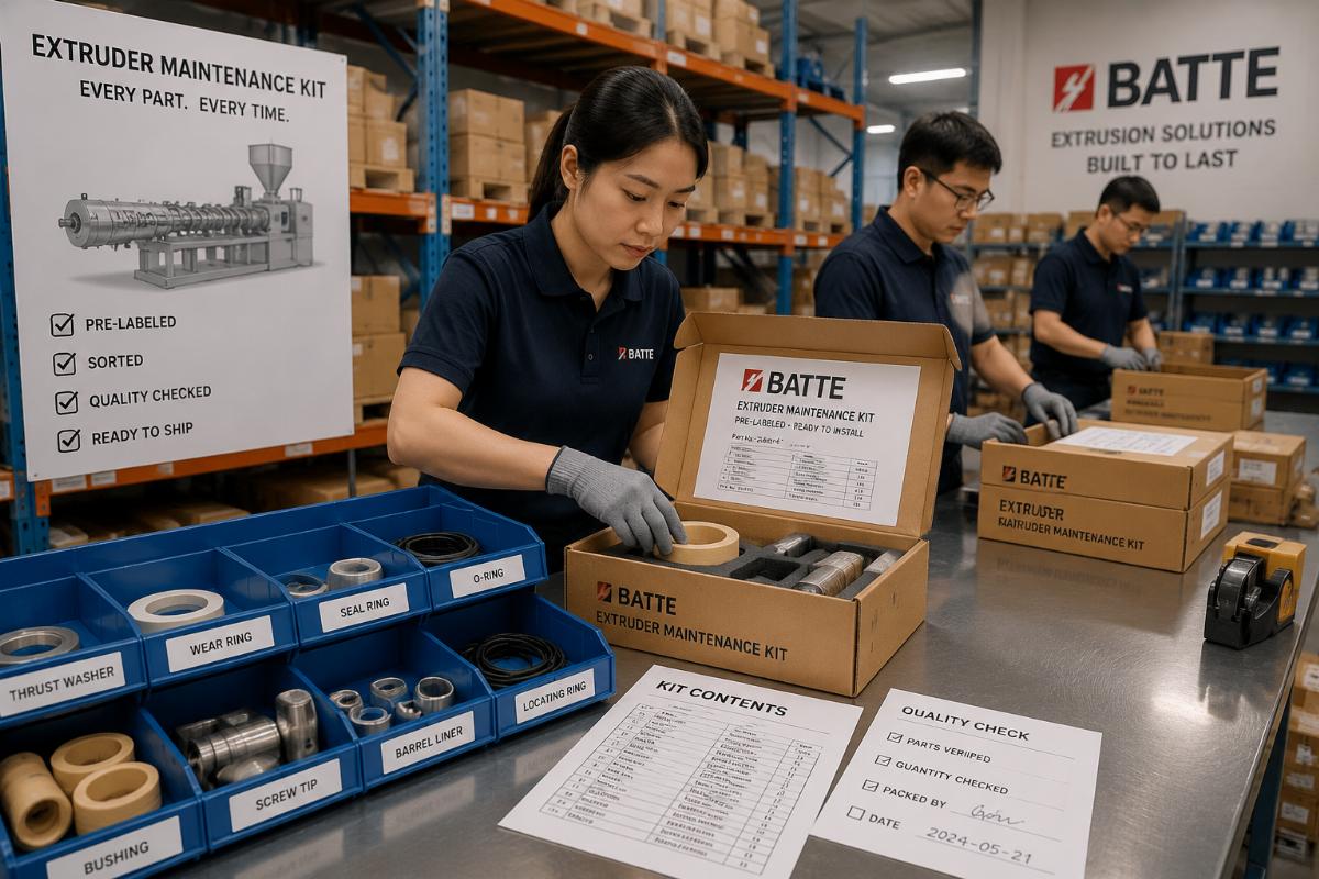 A warehouse team packing a pre-labeled extruder maintenance kit with sorted wear components