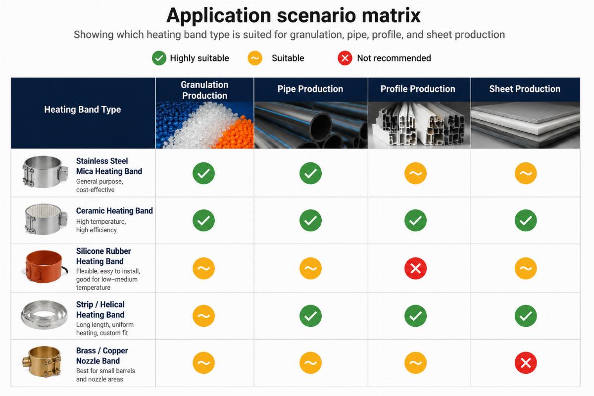 Application scenario matrix showing which heating band type is suited for granulation, pipe, profile, and sheet production