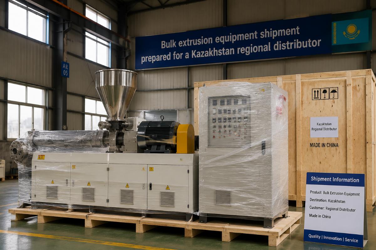 Bulk extrusion equipment shipment prepared for a Kazakhstan regional distributor