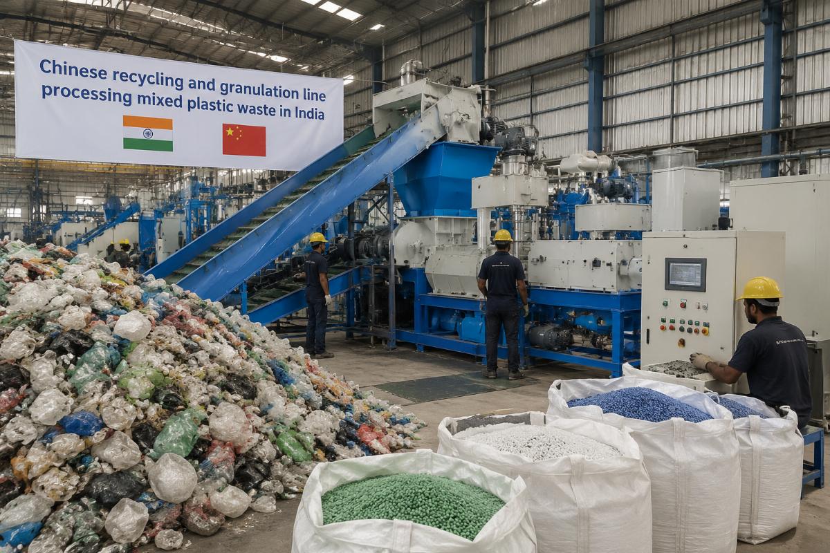 Chinese recycling and granulation line processing mixed plastic waste in India