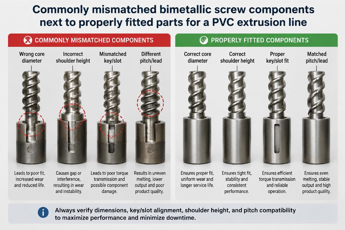 Commonly mismatched bimetallic screw components next to properly fitted parts for a PVC extrusion line