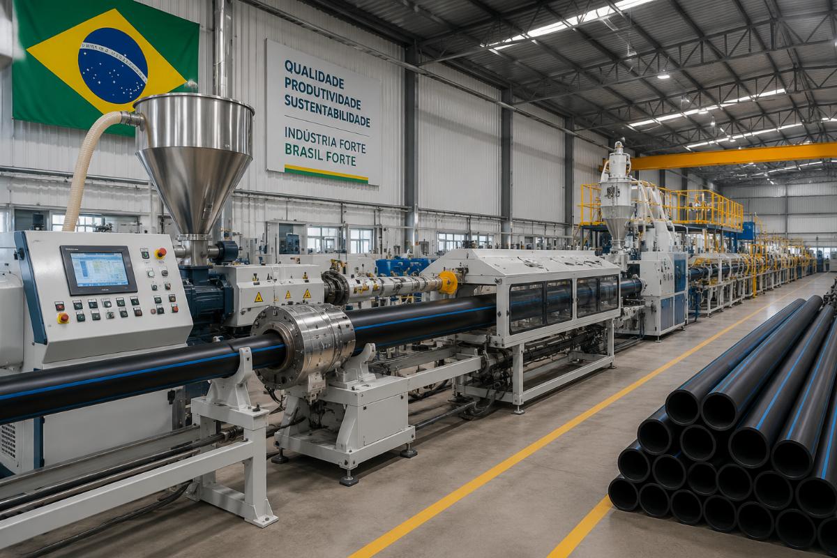 Complete plastic pipe extrusion line running stable production in a Brazil factory