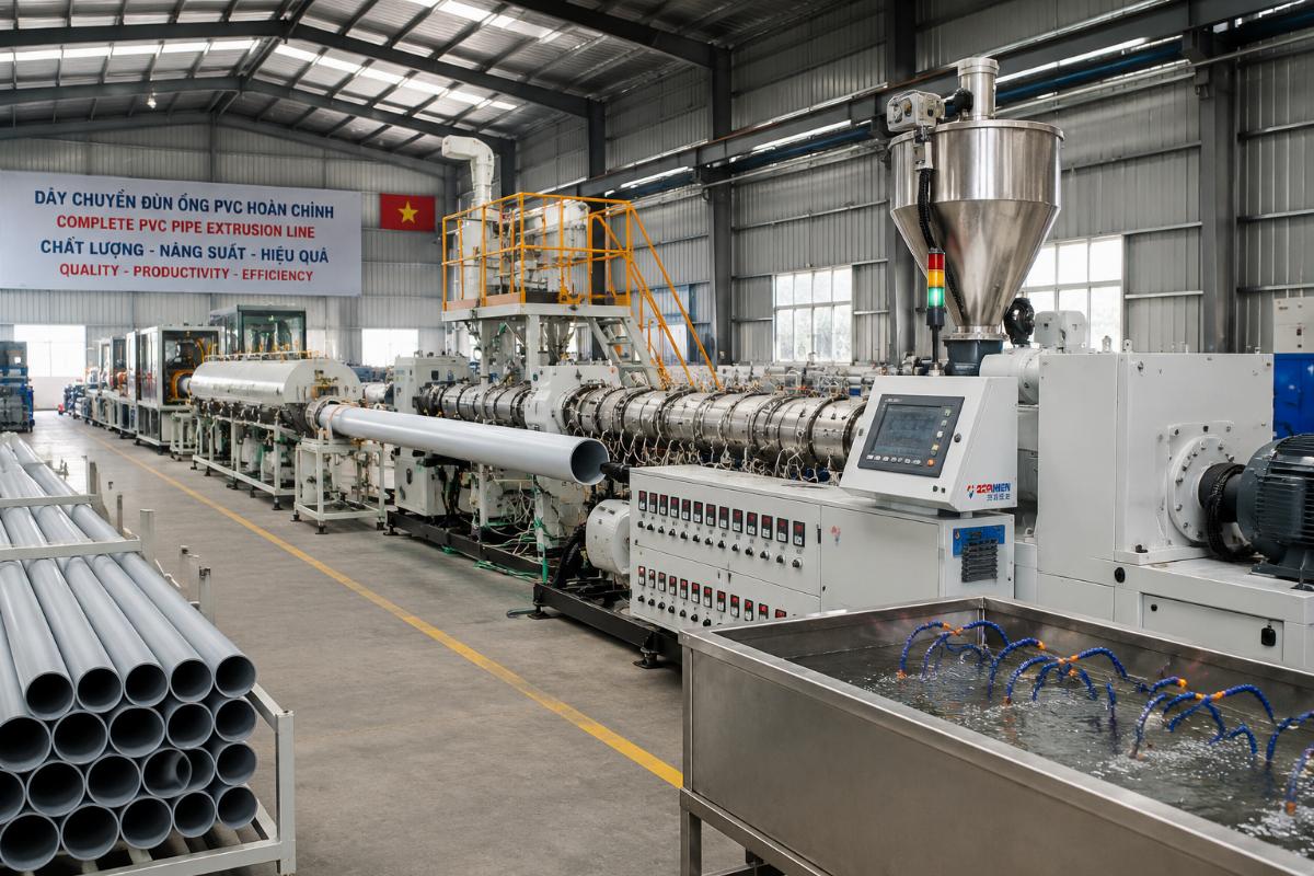 Complete PVC pipe extrusion line running at a Vietnamese manufacturing facility