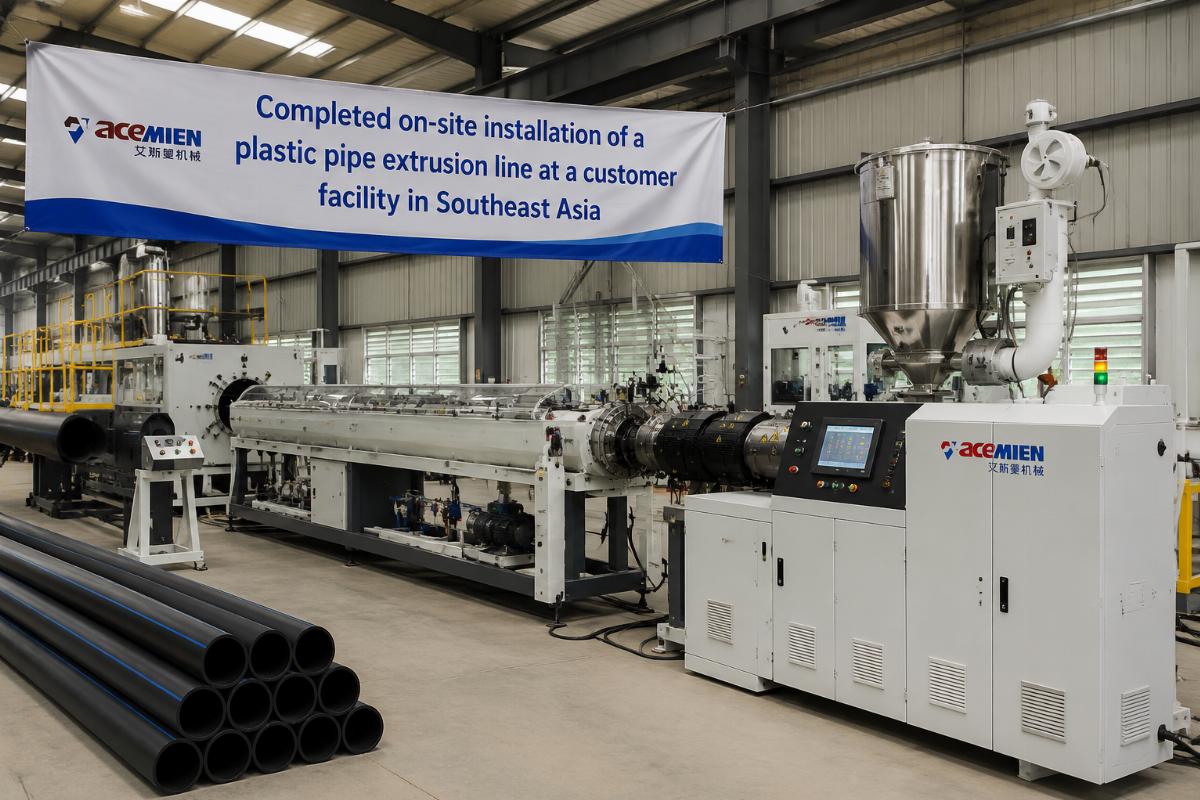 Completed on-site installation of a plastic pipe extrusion line at a customer facility in Southeast Asia