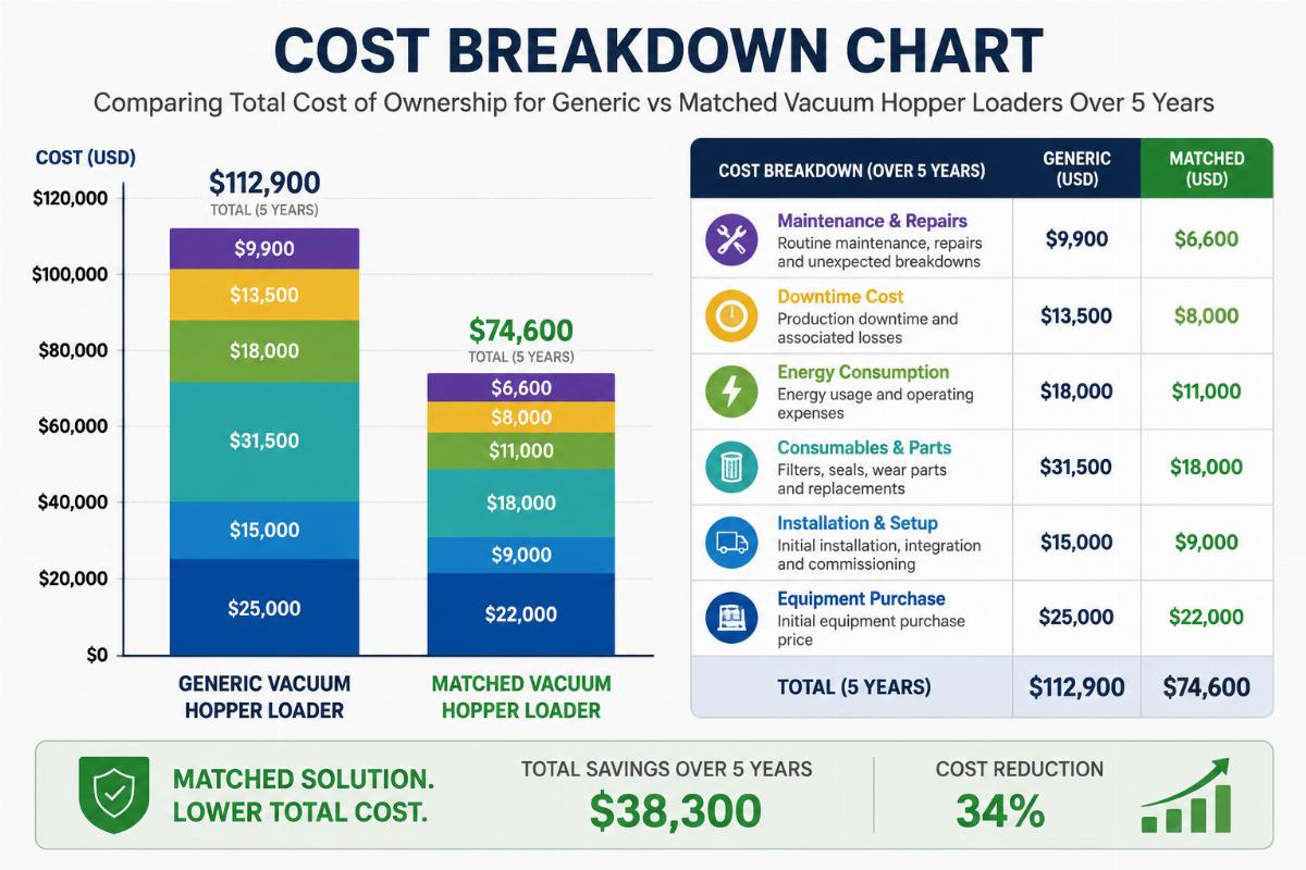 Cost breakdown chart comparing total cost of ownership for generic vs matched vacuum hopper loaders over 5 years