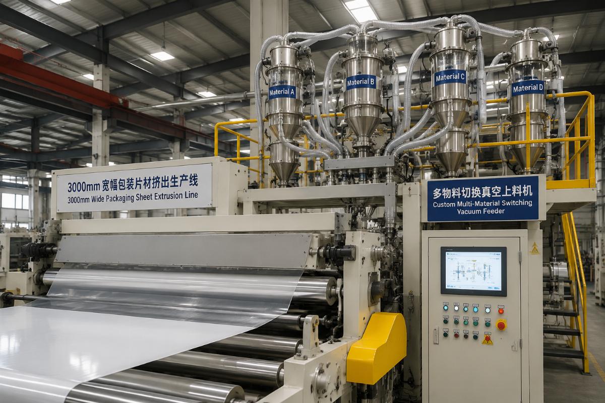 Custom multi-material switching vacuum feeder installed on a 3000mm wide packaging sheet extrusion line