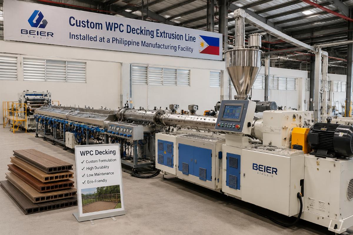 Custom WPC decking extrusion line installed at a Philippine manufacturing facility