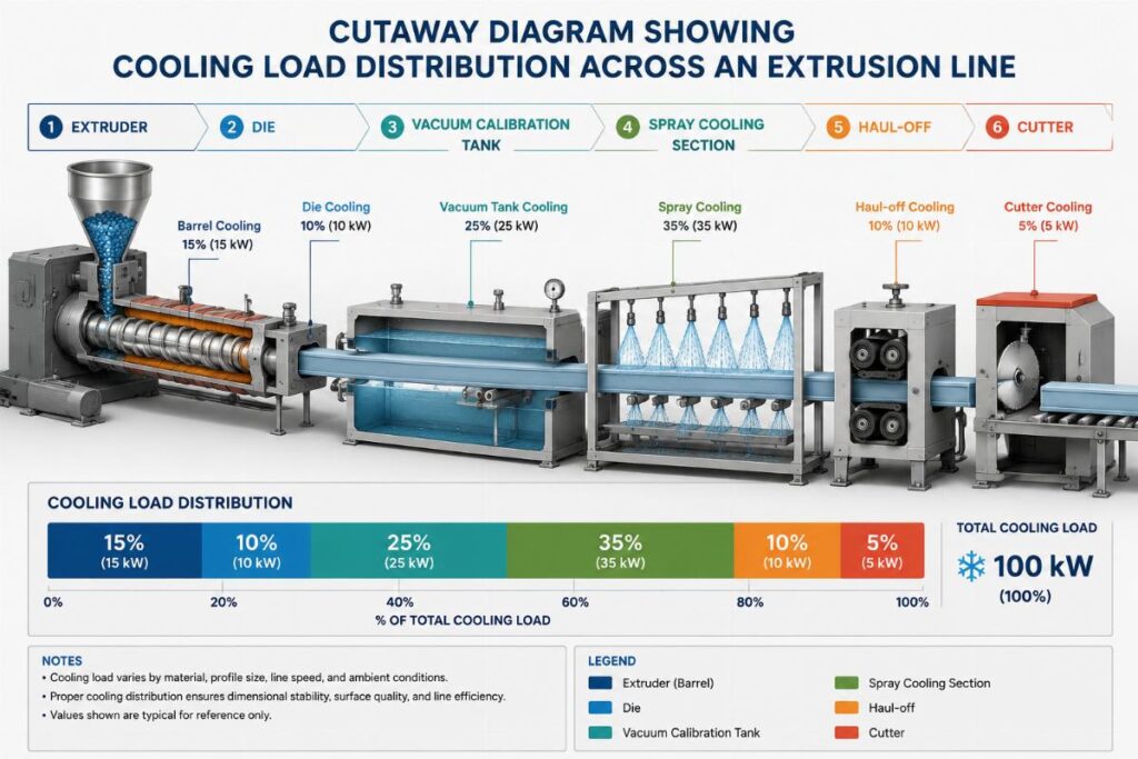 Cutaway diagram showing cooling load distribution across an extrusion line