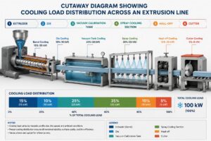 Cutaway diagram showing cooling load distribution across an extrusion line
