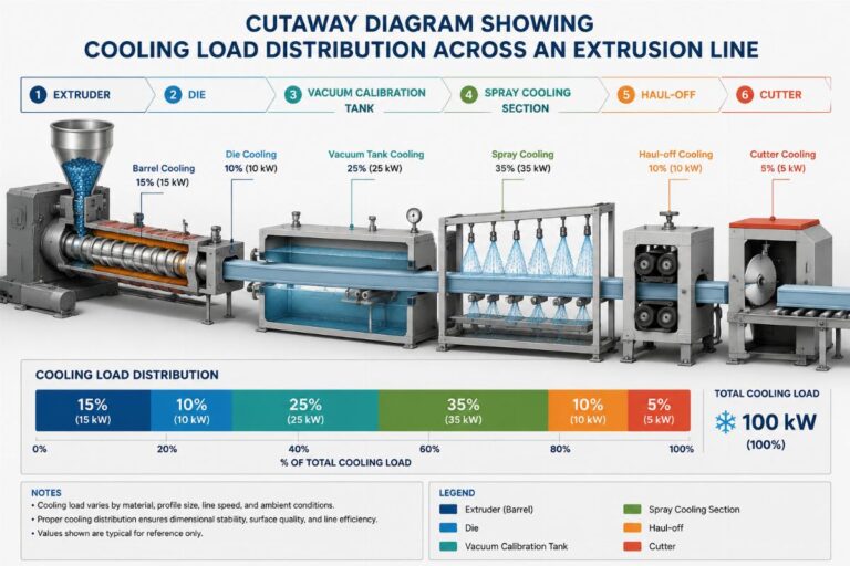 Cutaway diagram showing cooling load distribution across an extrusion line