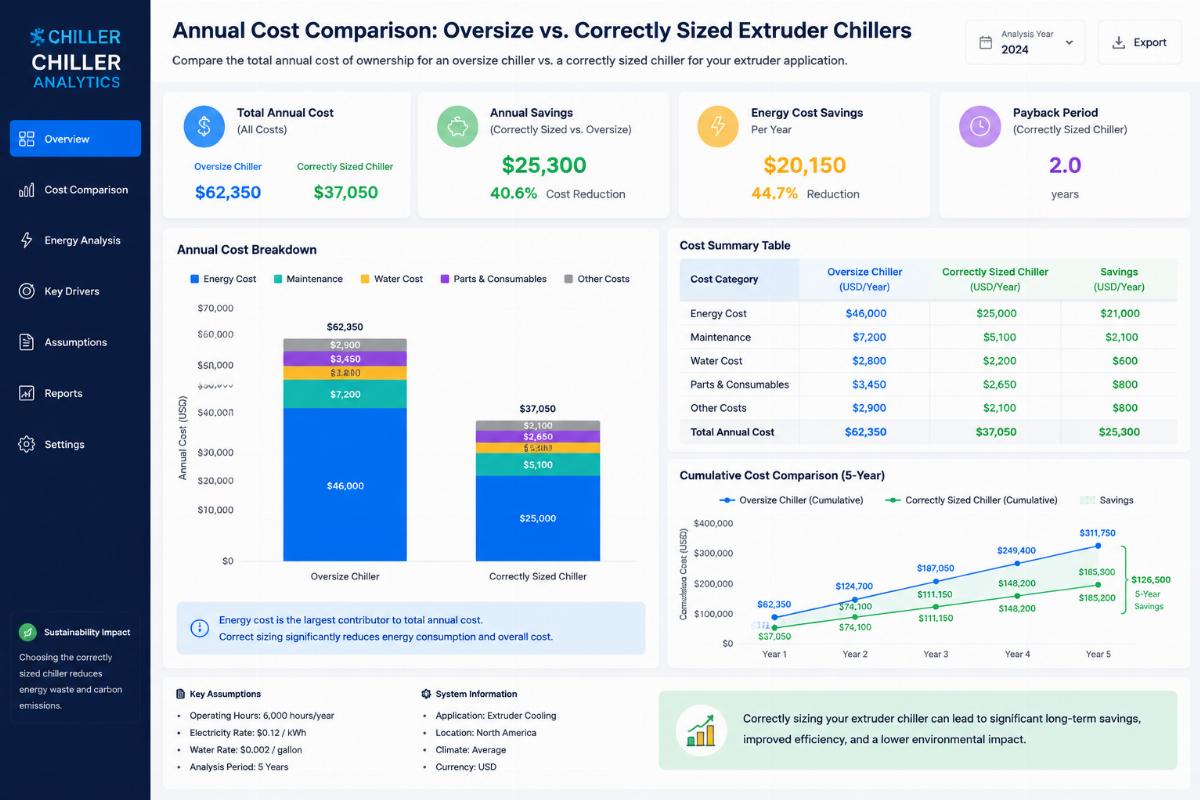 Data dashboard showing annual cost comparison between oversize and correctly sized extruder chillers