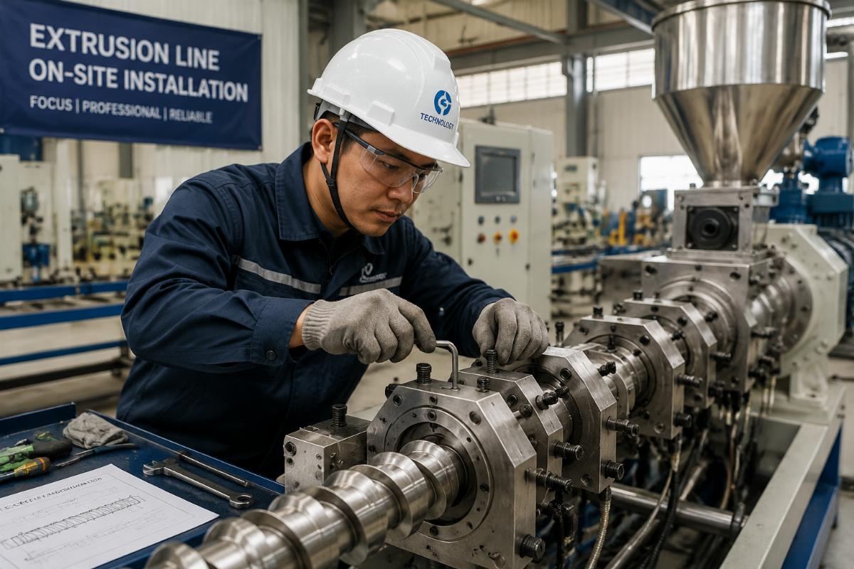 Engineer adjusting extrusion line screw configuration during on-site installation