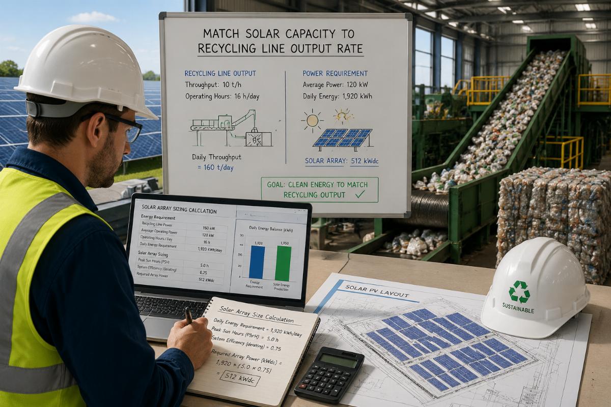 Engineer calculating solar array capacity to match recycling line output rate