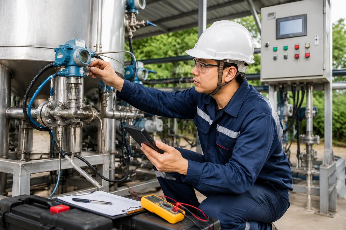 Engineer performing on-site calibration tank setup and parameter tuning