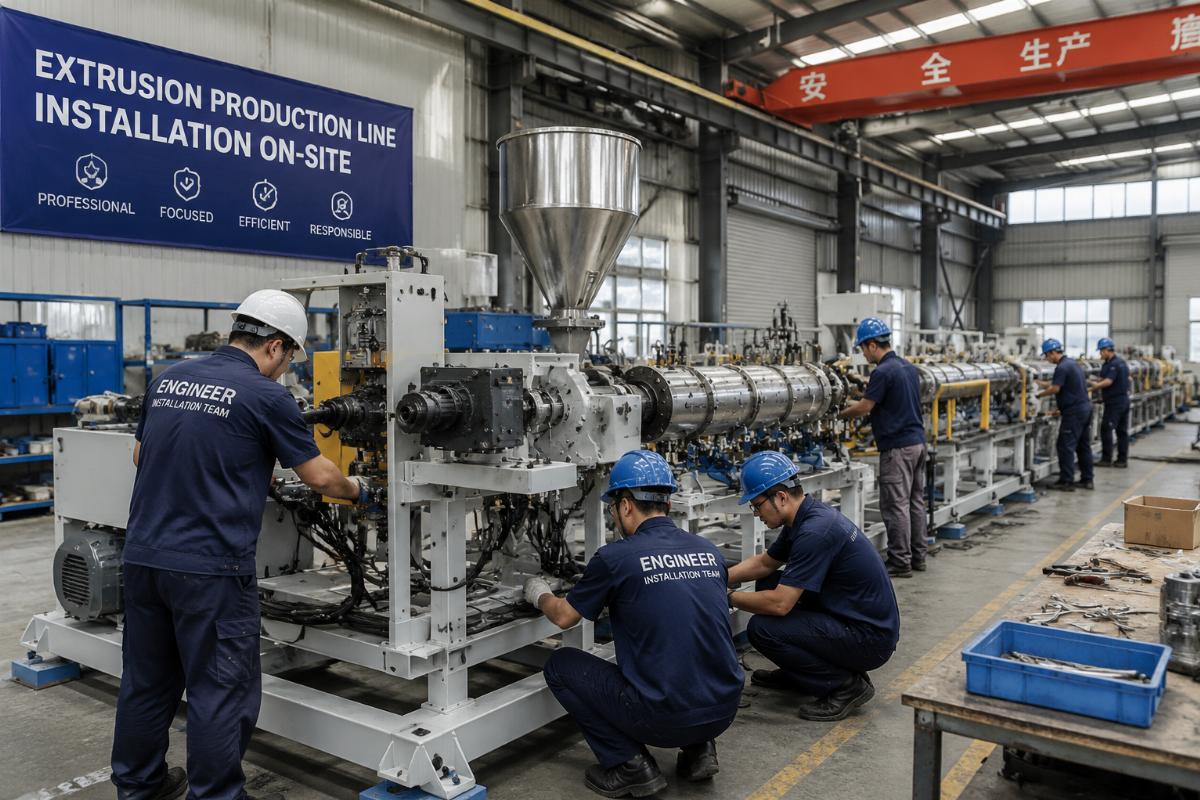 Engineer team conducting on-site installation for an extrusion production line in a local factory