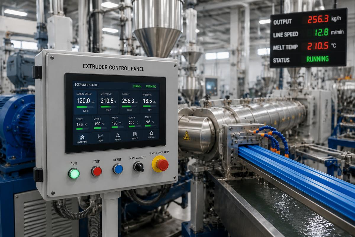 Extruder control panel installed on a running plastic extrusion production line