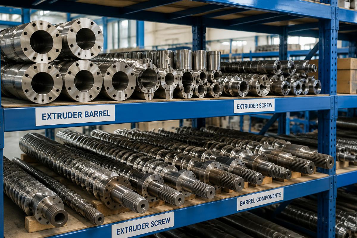 Extruder screw and barrel replacement parts stacked on production workshop shelf