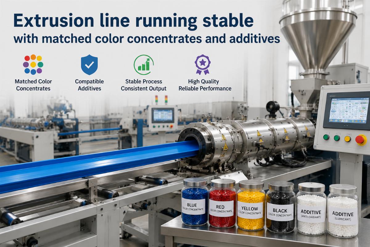 Extrusion line running stable with matched color concentrates and additives