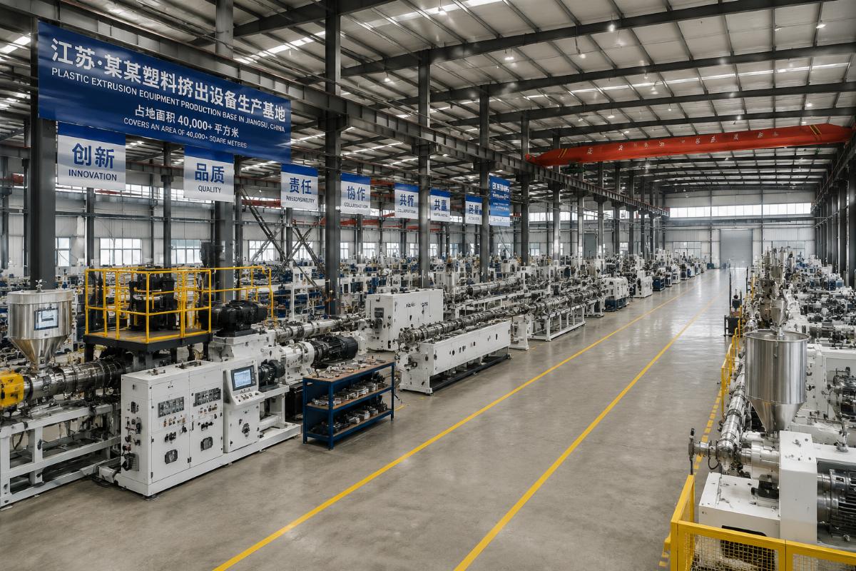 Factory floor of a 40,000+ square meter plastic extrusion equipment production facility in Jiangsu, China