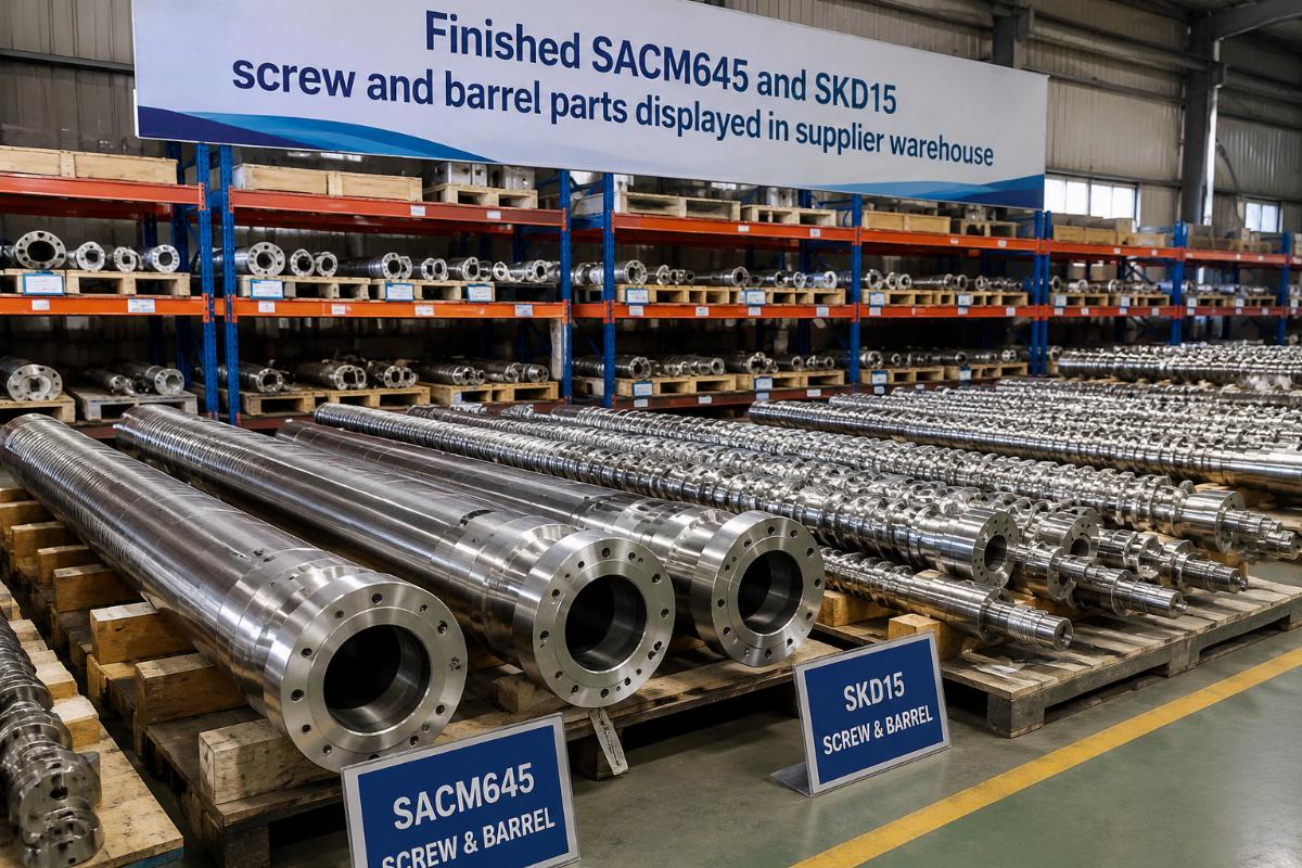 Finished SACM645 and SKD15 screw and barrel parts displayed in supplier warehouse
