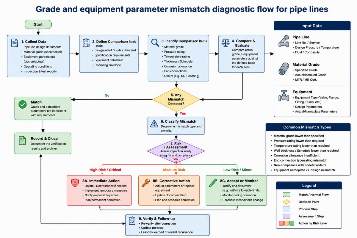 Grade and equipment parameter mismatch diagnostic flow for pipe lines