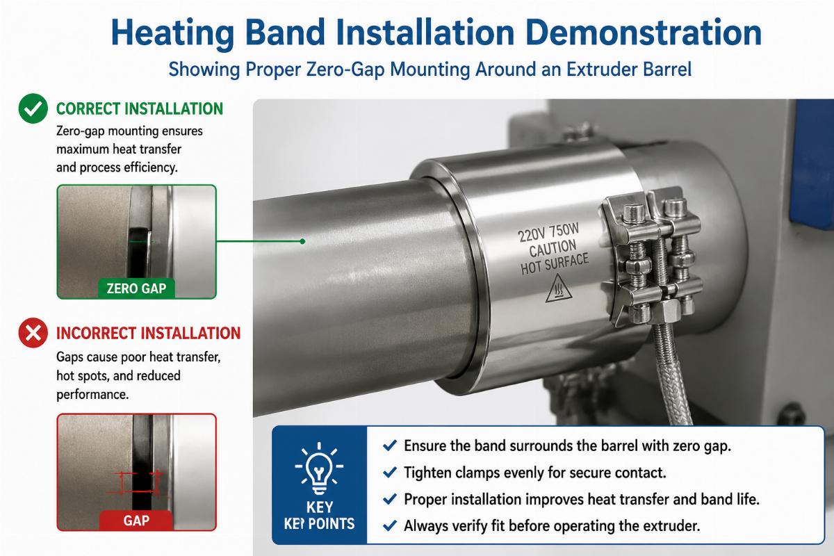 Heating band installation demonstration showing proper zero-gap mounting around an extruder barrel