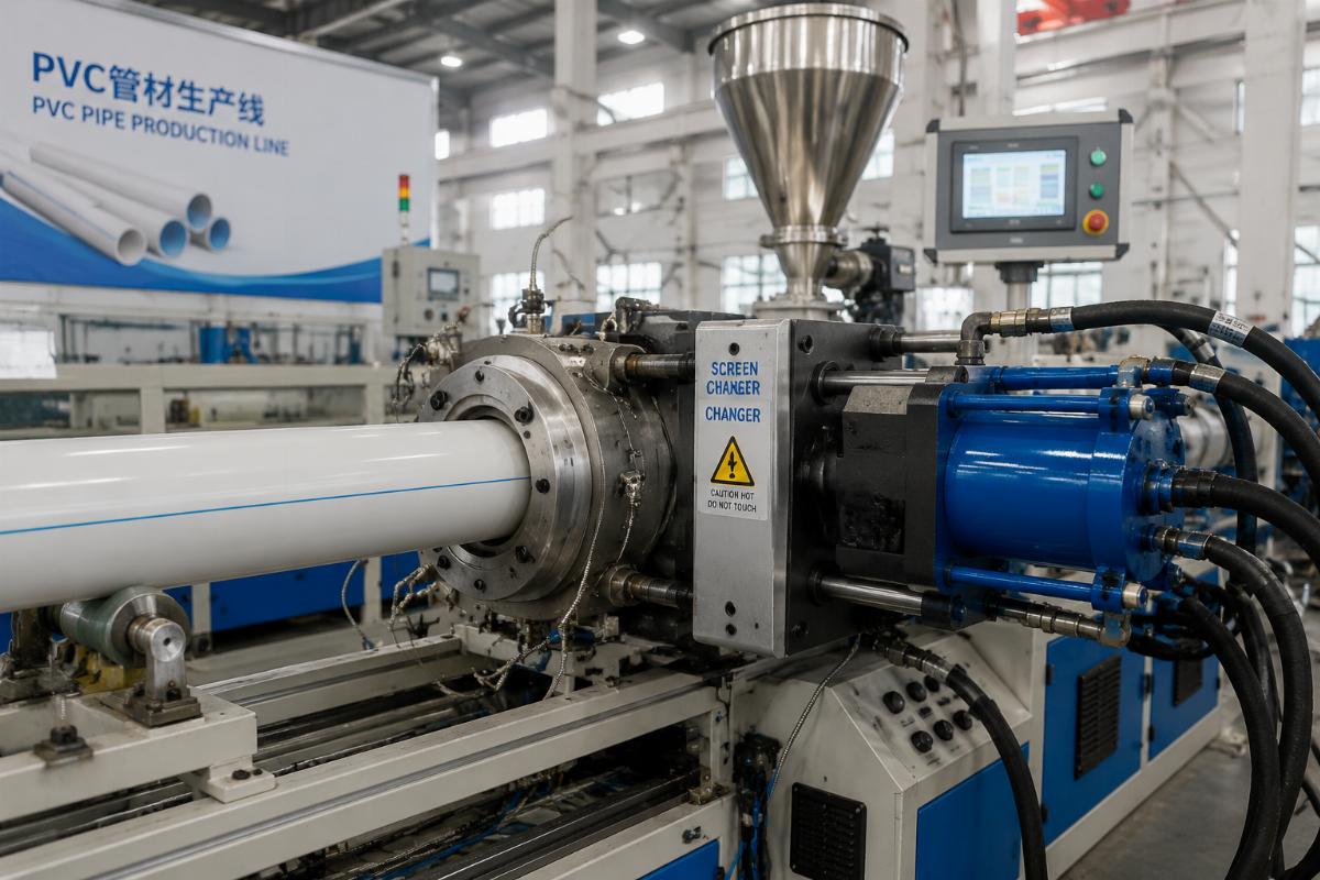 Hydraulic extruder screen changer running on a PVC pipe production line