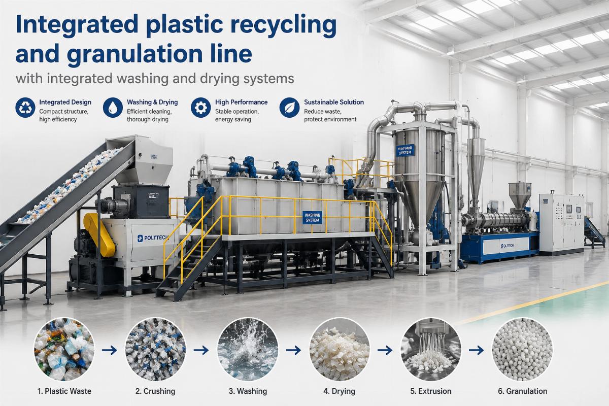 Integrated plastic recycling and granulation line with integrated washing and drying systems