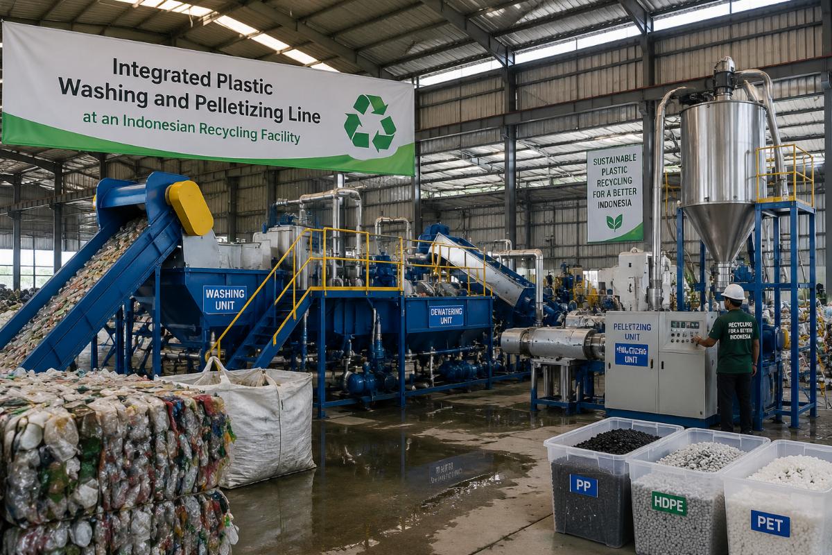 Integrated plastic washing and pelletizing line at an Indonesian recycling facility