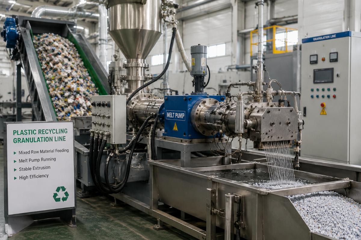 Melt pump running on a plastic recycling granulation line with mixed raw material feeding